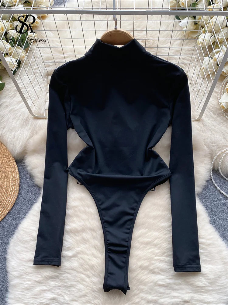 Vintage Zippers Slim Rompers Female Half High Sheath Playsuits Fashion Open Crotch Women Streetwear Bodysuits