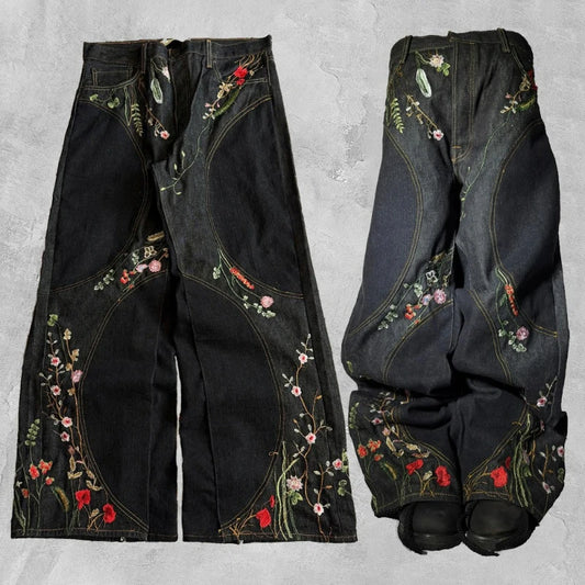 Y2K Floral Baggy Jeans Retro Blossom Embroidery Streamlined Unisex Streetwear Gothic High Street Oversized Wide Leg Men Pants
