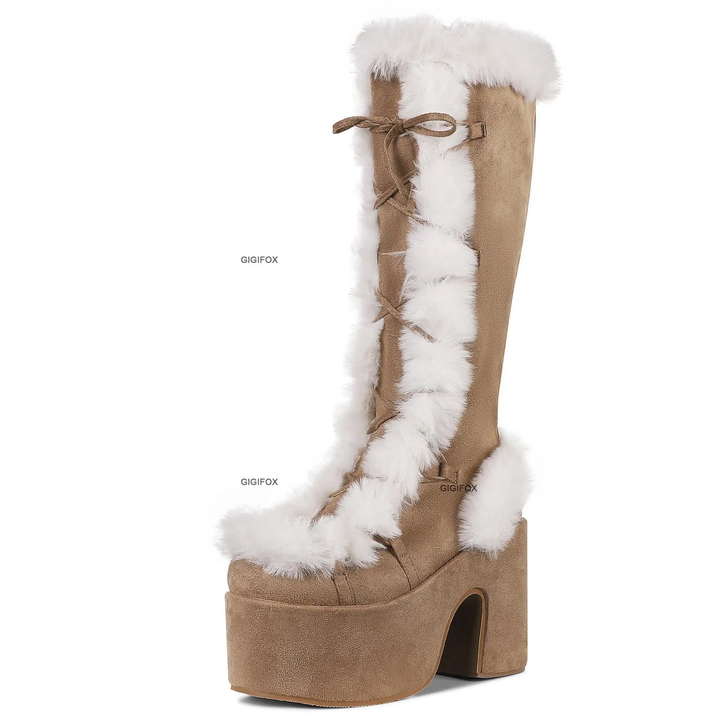 GIGIFOX Platform Furry Boots Chunky High Heeled Winter Autumn Knee High Boots Women Faux Fur Zip Gothic Style Punk Shoes Ladies