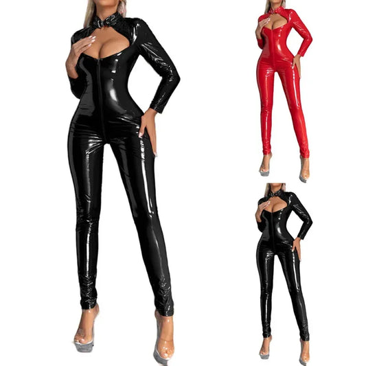2025 New Zipper Sexy Open Crotch Faux Leather Bodysuit Women Erotic Lingerie Crotchless Teddy Latex Catsuit Lad A Loving Family