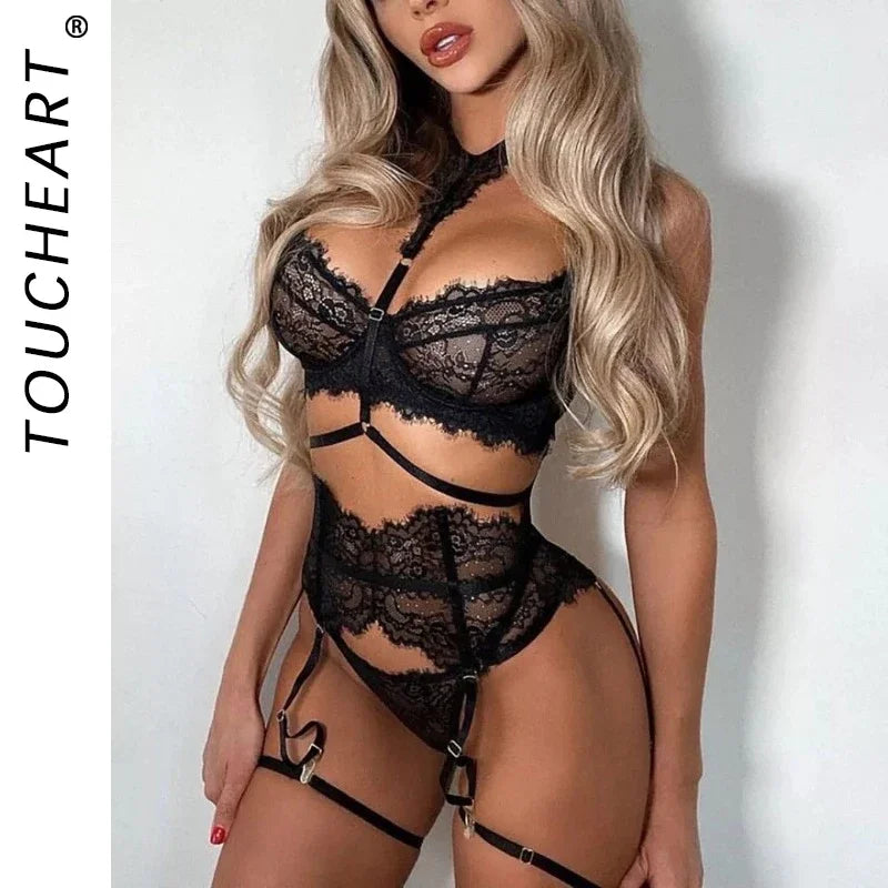 Toucheart Lingeries Sexy Hot Sleepwear Sexy Lingerie for Women Thin Transparent Lace Bra Set See Through Female Erotic Underwear