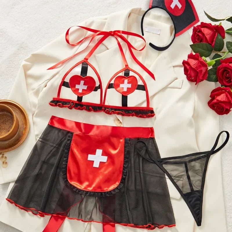 Toucheart Sexy See-through Nurse Uniform Cosplay Sexy Hollow Out Underwear Suit for Womem Mesh See-through Sexy Lingerie Set New