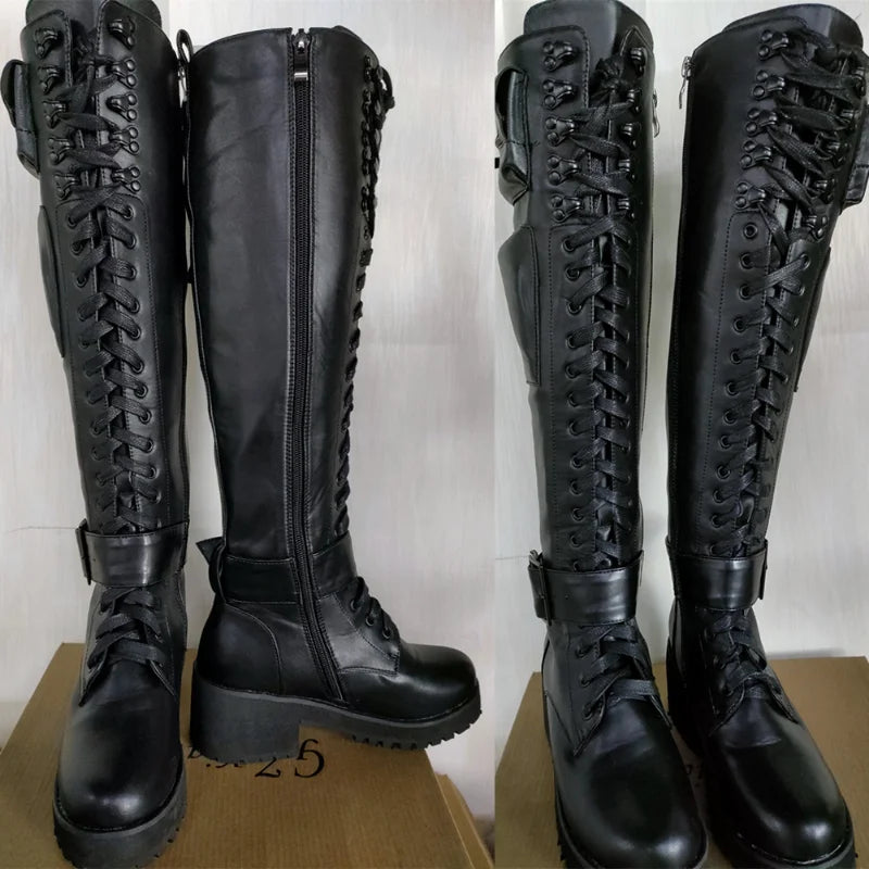 Knee High Boots Women Cool Goth Zipper Design Pocket Lace Up Chunky Heel High Quality Shoes Woman Fashion Popualr Big Size 35-43