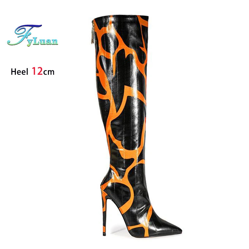 Fashion Print European and American Large Size Boots For Women 12CM High Heels Sexy Pointed Knee-High Boots Spring Autumn Shoes
