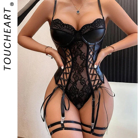 Toucheart Sexy Sexy Pajamas Fishnet PU Leather Temptation One-piece Underwear Women Elegant Black Body Lace Up Hollow Tops Lady