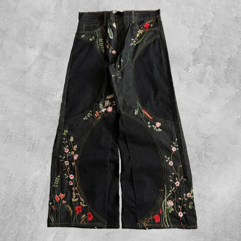 Y2K Floral Baggy Jeans Retro Blossom Embroidery Streamlined Unisex Streetwear Gothic High Street Oversized Wide Leg Men Pants