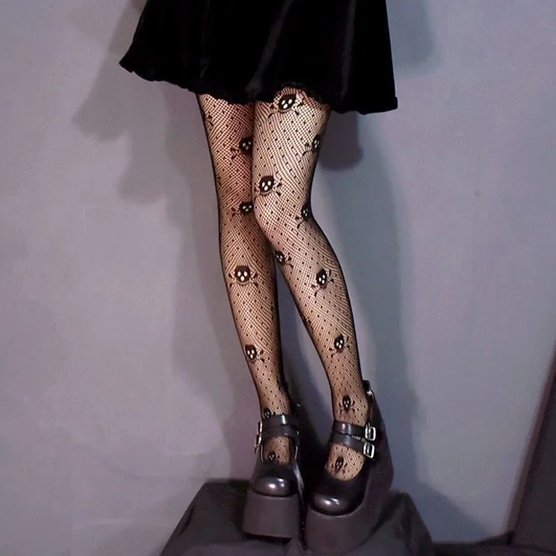 New Sex Sheer Pantyhose High Elastic Jacquard Red Fishnet Stockings Socks Sexy Stockings Flame Net Pants Spider Skull Tights