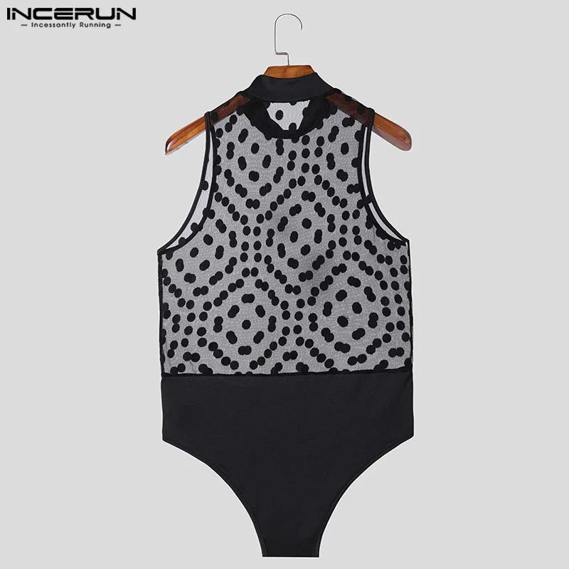 INCERUN Fashion New Men Homewear Polka Dot Mesh See Through Bodysuit Sexy Semi High Neck Sleeveless Triangle Thin Jumpsuit S-3XL