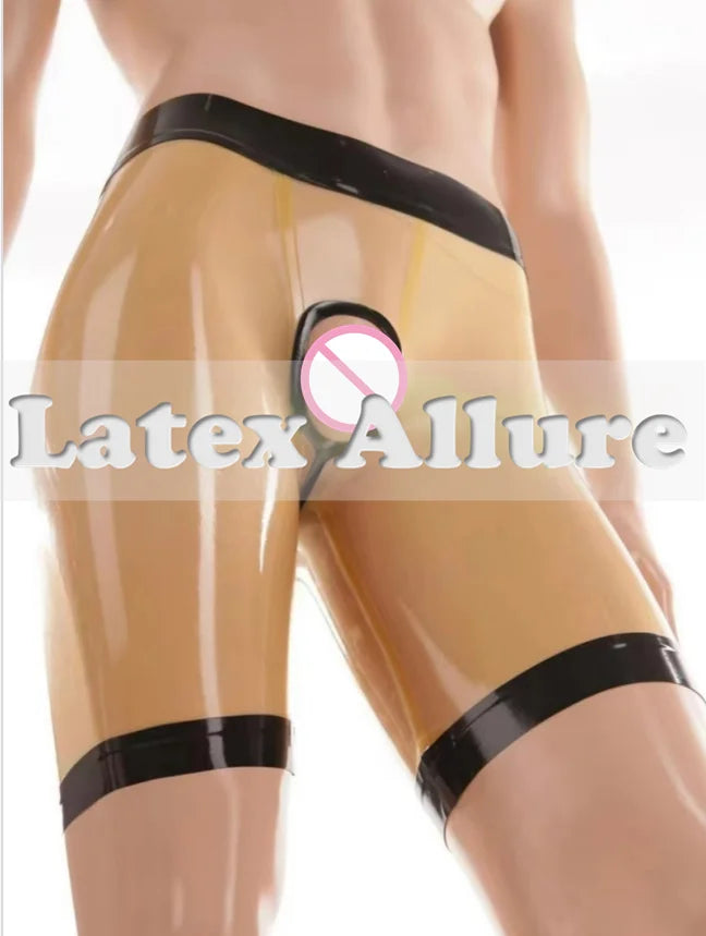 Men Transparent Latex Shorts Penis Hole Short Pant Transparent with Black Open Front and Anal Fitted Sexy Rubber Shorts Boxer