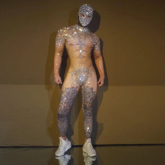 DJ Nightclub Party Prom Outfits Performance Dance Show Stage Wear Men Elastic Leotard Headgear Sparkly Rhinestone Jumpsuits Sexy
