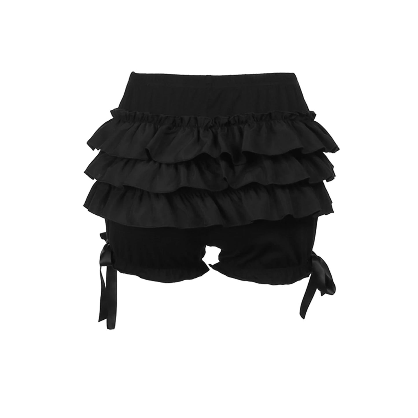 Women's Summer Gothic Black Bloomer Shorts Elastic Waist Ruffles Layered Shorts Harajuku High Waist Bottoms Aesthetic Clothes