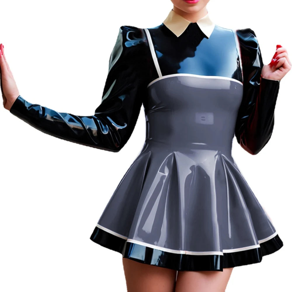Wetlook-Glossy PVC Patchwork Mini Dress, Lapel Neck, Puff Sleeve, A-line Dress, Faux Latex, Long Sleeve, High Street, Party Club