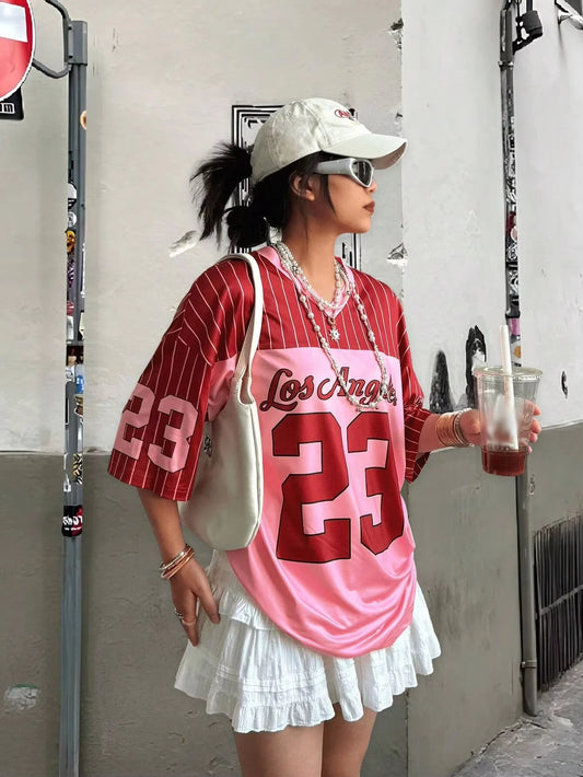 Women V-Neck T-shirt Vintage Hip-Hop Short Sleeved Tee Loose And Oversized Breathable Fashionable And Versatile Sports Shirt Top