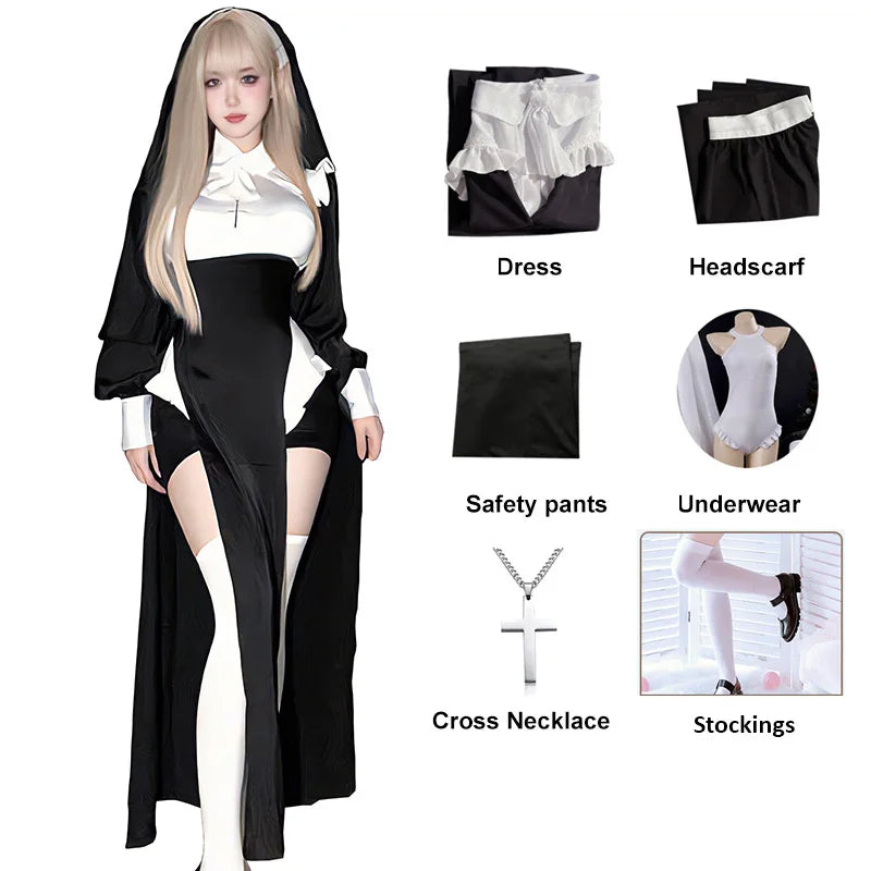 Cute Women Anime Nun Costume Cosplay Shows Outfit Sexy Ladies Halloween Performance Fancy Dress Up Sister Cos Uniform
