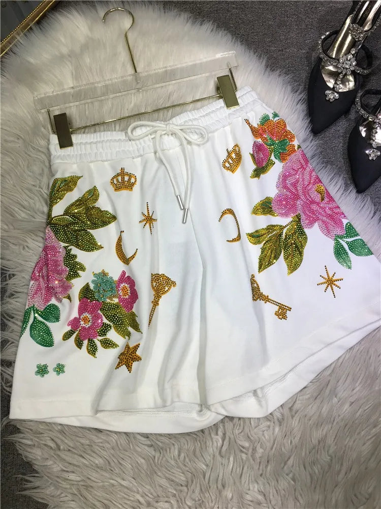 Oversized rhinestone diamond high-waisted black adjustable waist wide leg slacks Women's shorts
