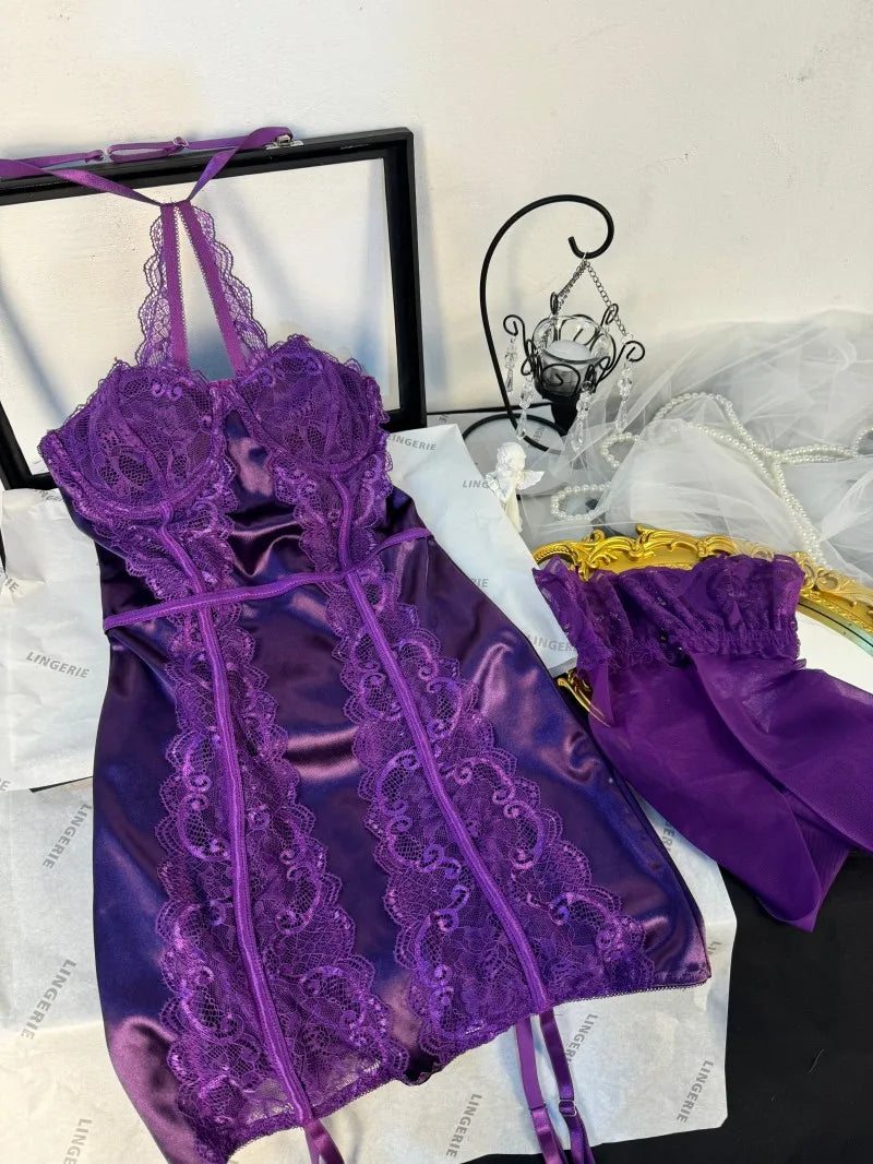Toucheart Sexy Lace Jumpsuit Set for Women Solid Color Mesh Underwear Stocking Sexy Garters Nightgown Strapless Underwear Set