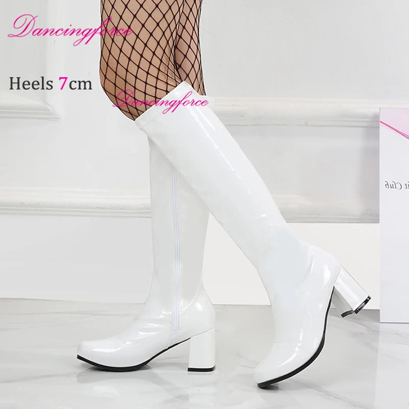 Orange Sexy Retro 60s 70s Gogo Boots 7cm Chunky Block Heel Club Knee High Boots CrossDressing Unisex Shoes Women