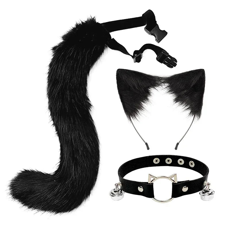 Fox Cat Ears Mask+Tail +Gloves，Fluffy Animal Headwear Ears Hairpin+Tail +Bell，Hair Hoop Set for Halloween Cosplay Accessories