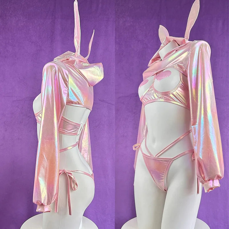 Sexy Lingerie Anime Bunny Girl Cosplay Pink Laser Patent Leather Bikini Rabbit Girl Shiny Halloween Underwear