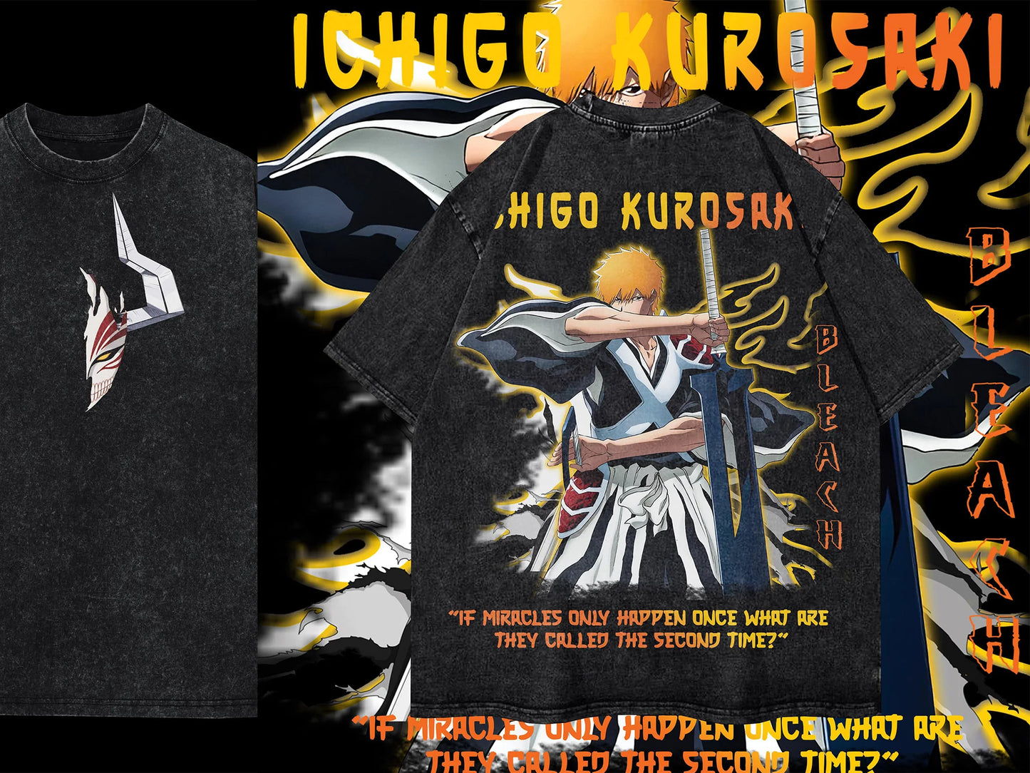 Anime Bleach T-Shirt Oversized Vintage Washed Zaraki Kenpachi T-Shirts Retro Harajuku Ichigo Rukia Tops Tees Man 100% Cotton