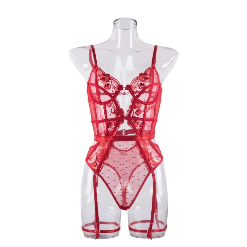 Toucheart Lace Embroidery Jumpsuit For Women Mesh Patchwork See-through Sexy Hollow Out Underwear Solid Color Garters Underwear