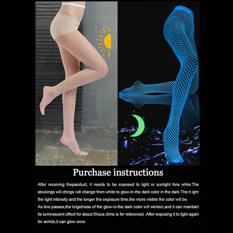Night Fluorescent Women's Long Socks Fishnet Body Stockings Curve Lingerie Y2k Mesh Fabric High Waist Sex Tights Sexy Bodysuits