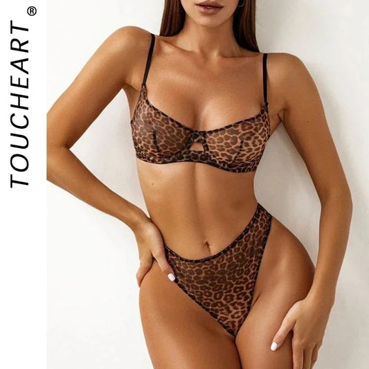 Toucheart 2-Piece Sexy Leopard Print Lingerie Set Bra Women Hollow Sexy Lingerie Thin Mesh Patchwork Print See-Through Sexy Set