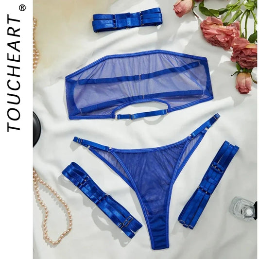 Toucheart 4 Piece Set Sexy Lingerie Set Elasticity Mesh Patchwork See-Through Breast-Wrapping Three-Point Briefs Sexy Underwear