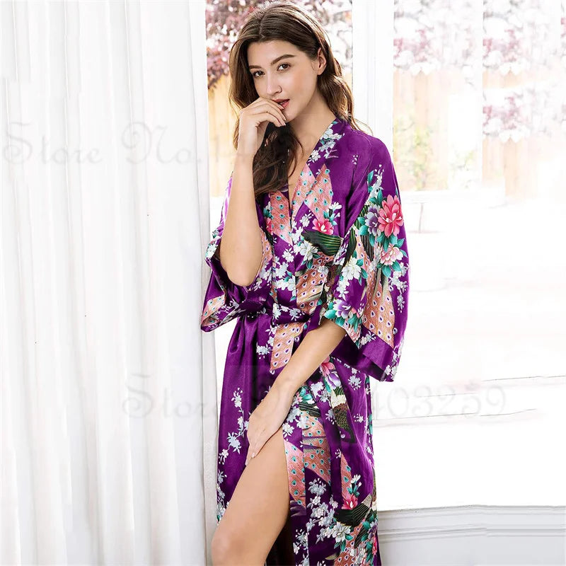 Women Long Robe Kimono Bathrobe Gown with Pockets Sexy Wedding Bride Bridesmaid Dressing Gown Oversize Satin Homewear Loungewear