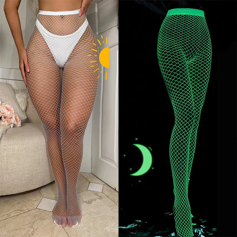 Night Fluorescent Women's Long Socks Fishnet Body Stockings Curve Lingerie Y2k Mesh Fabric High Waist Sex Tights Sexy Bodysuits