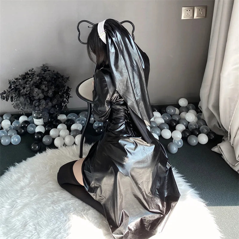 Sexy Gothic Latex Nun Costume Halloween Black PU Leather Sister Role Play Outfit High Split Cross Dress Club Party Women Cosplay