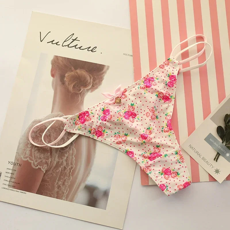 Cartoon Printed Perspective Lace Bikini Thin Mesh Hollow Out Cute Women's Underwear Soft Breathable Cotton Crotch Sexy Thongs