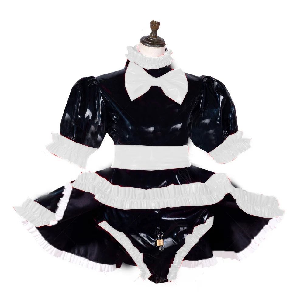 lockable dress Role Play Maid Dress with Apron Lockable Panties French Sissy PVC Short Sleeved Dress Lockable Uniform XS-7XL