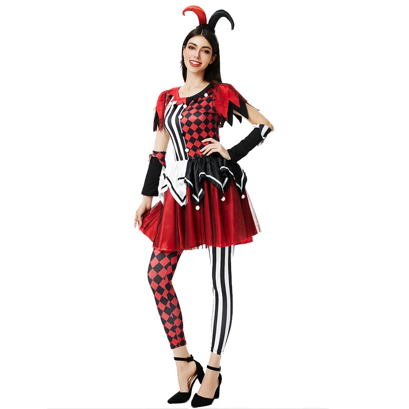 NEW Lady Colorful Circus Clown Costume Naughty Harlequin Joker Cosplay Carnival Halloween Fancy Dress Party