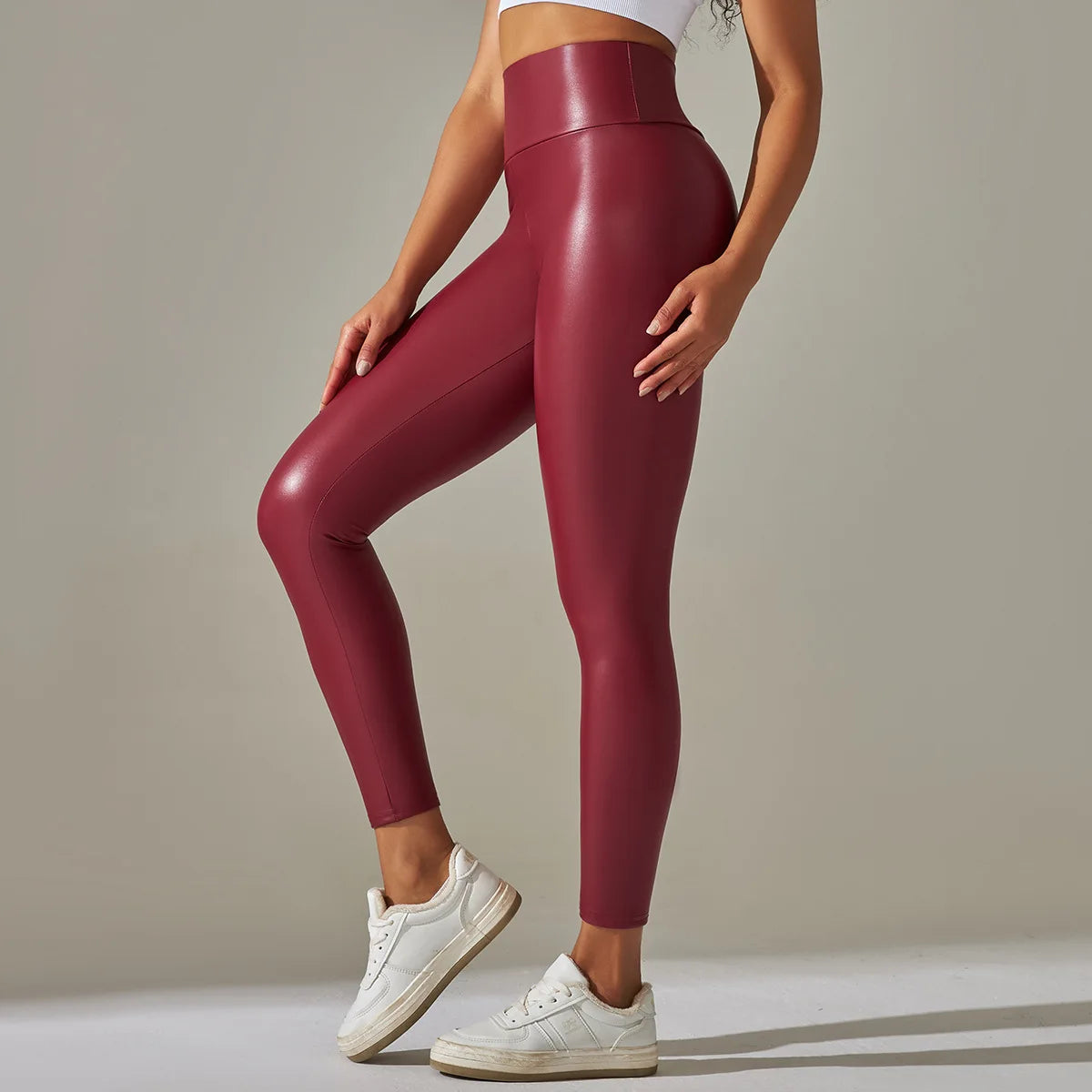 New PU Leather / latex Pants for WOMEN'S Colorful High Waisted Tight Fitting Slimming External Wear