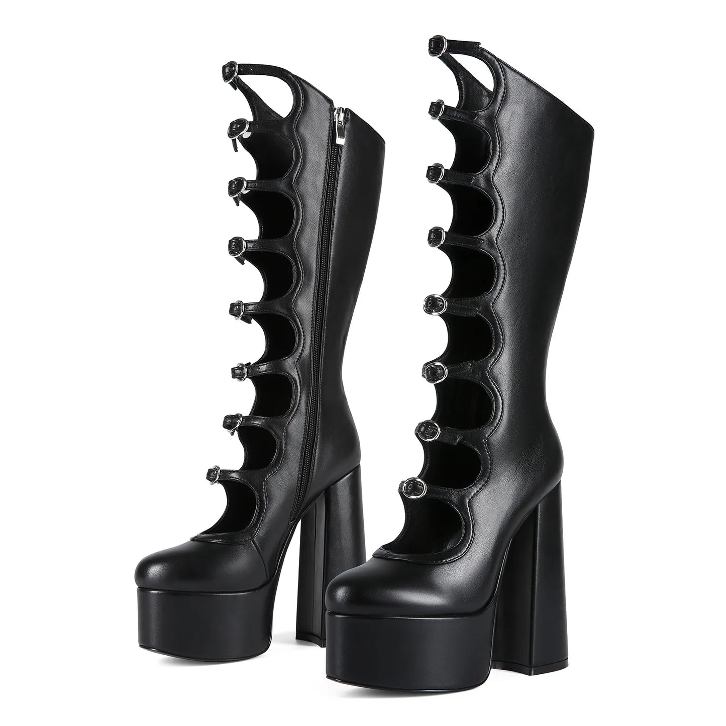 Thick Sole Black Hollow Calf Boots, Side Zipper Rough Square Heel Pole Dance Shoes, Super Heel Sexy Boots Large Size Footwear