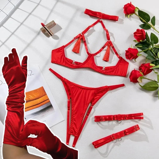 Ashburn Sexy Female Lingerie Tassel Lingerie Set Women Out Sexy Erotic Set Solid Brief Tassel Hot Temptation Women's Underwear