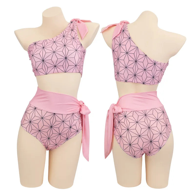 Anime Demon Slayer Kamado Tanjirou Cosplay Costume Nezuko Zenitsu Bikini Beach Halloween Summer Split Swimsuit Set