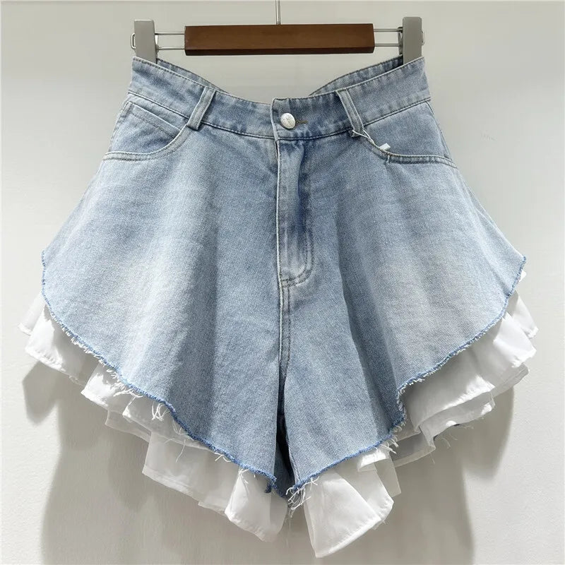 New Fashion Women's Patchwork Hem Wash Denim Shorts 2025 Summer Trendy High Waist A-line Short Pants Female
