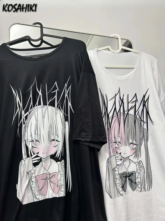 Japanese Black Cartoon Printing T-shirts Harajuku Summer Casual Short Sleeve Vintage Tops Funny Oversized Y2k Aesthetic Tees