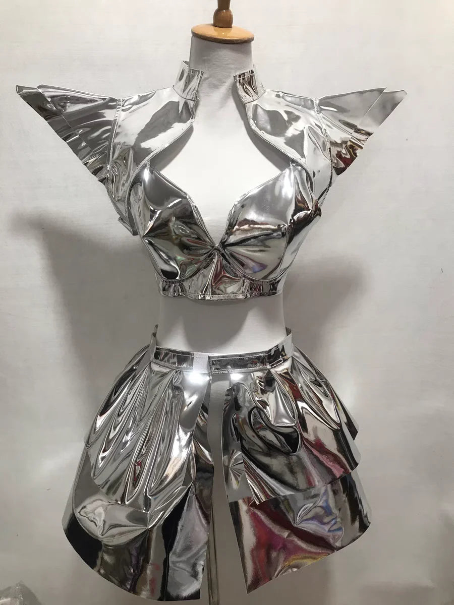 ASHBURN™ “SIREN PROTOCOL” Command Set – Gloss Bra Top + Mini Skirt + Obsidian Armor Jacket (3-Piece Ritual Ensemble)