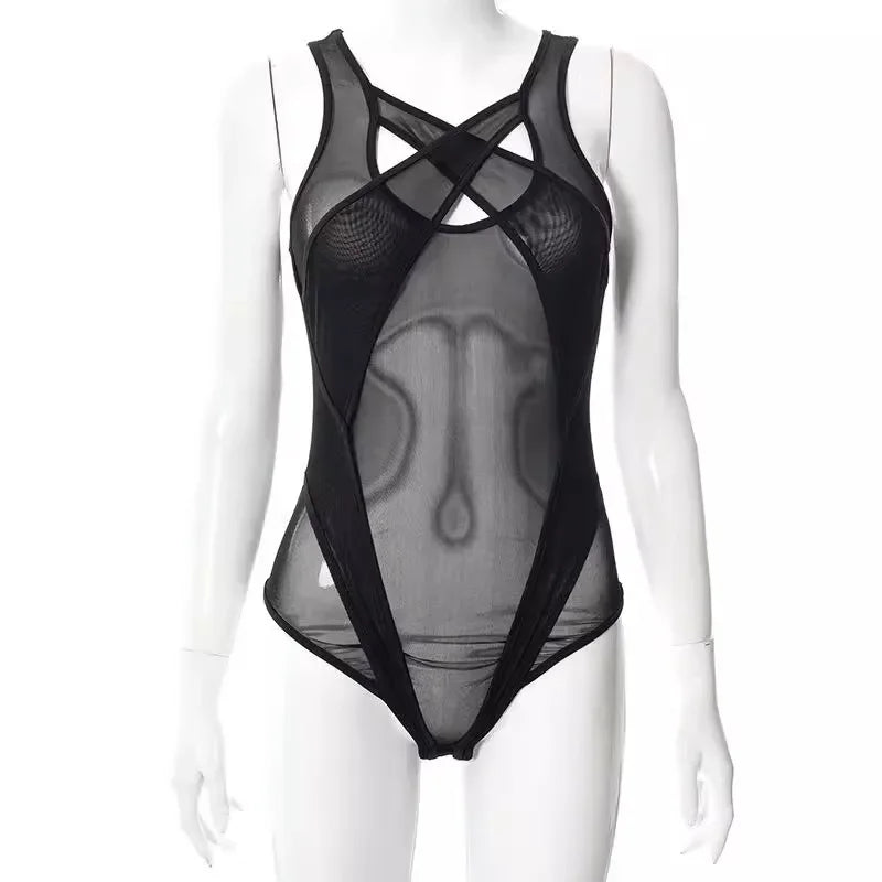 Toucheart 2-Piece Interesting Underwear Sexy Women's Mesh See-through Contrast Color Halterneck Jumpsuit Sexy Underwear Suit New