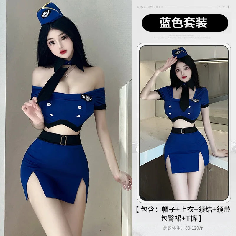 Sexy Airline Stewardess Uniform Secretary Costumes Cosplay Bandage Backless Top Mini Skirt Lingerie Set Office Role Play Outfit