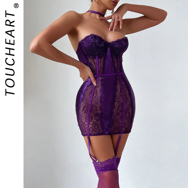Toucheart Sexy Lace Jumpsuit Set for Women Solid Color Mesh Underwear Stocking Sexy Garters Nightgown Strapless Underwear Set