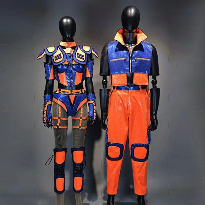 Gogo Show Stage Costume Orange Blue Futuristic Armour Performance Suit Jazz Pants Drag Queen Outfit Festival Rave Clothing 3748