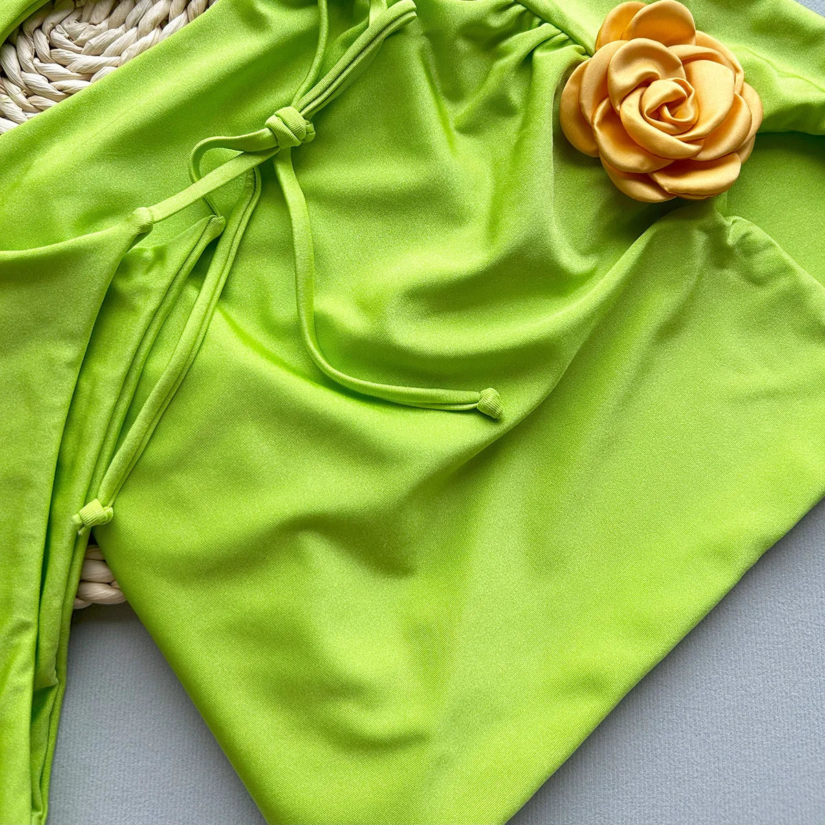 2025 New Green Big Flower 3 Pieces Suit Swimwear Sexy Neck Hanging Backless Bikini Set+Skirt Bathing Suits Beachwear Vacation
