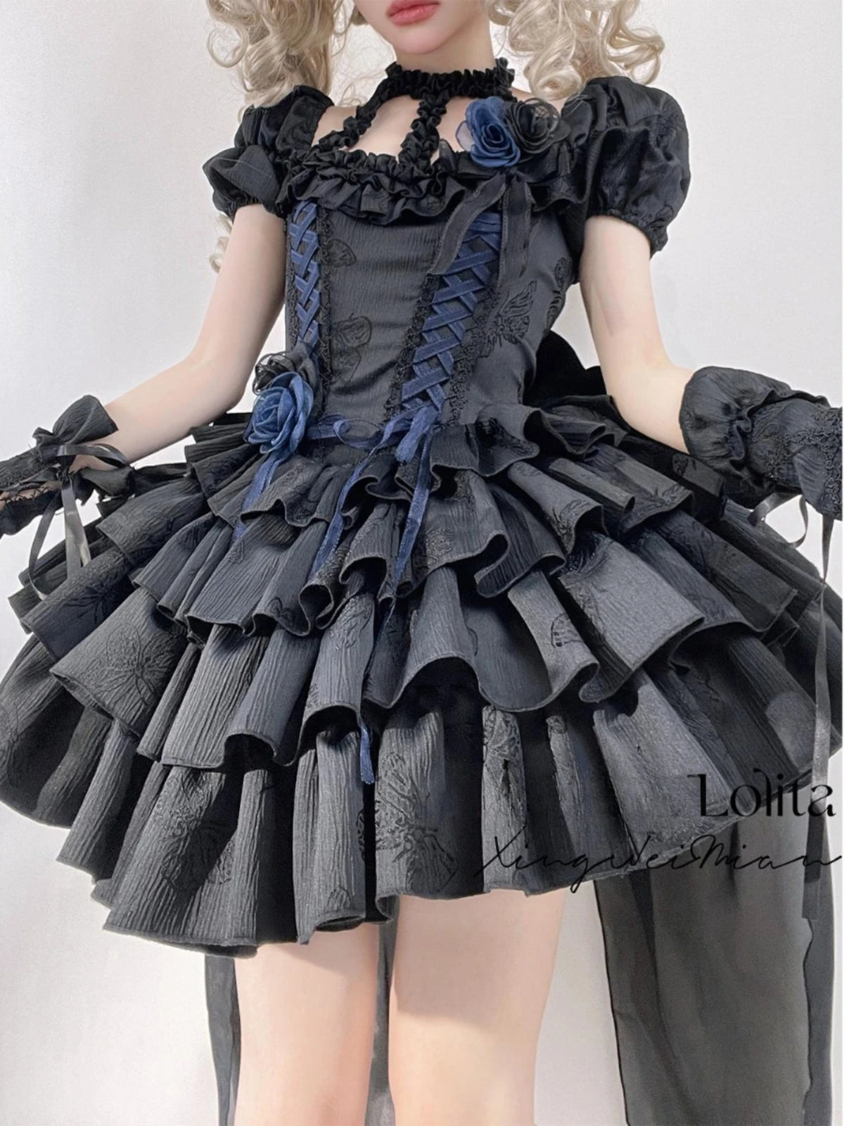 Original Gothic Black Lolita Short Dress Female Slim Fit Bubble Sleeves Neck Halloween Party Dress Women's Summer Dress 2025