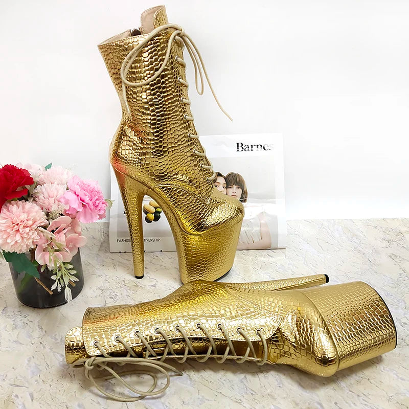 New Style Sexy Motorcycle Lace Up 20cm Gold Pole Dance Shoes Ankle Boots Platform Gladiator Nightclub 8Inches High Heels Exotic
