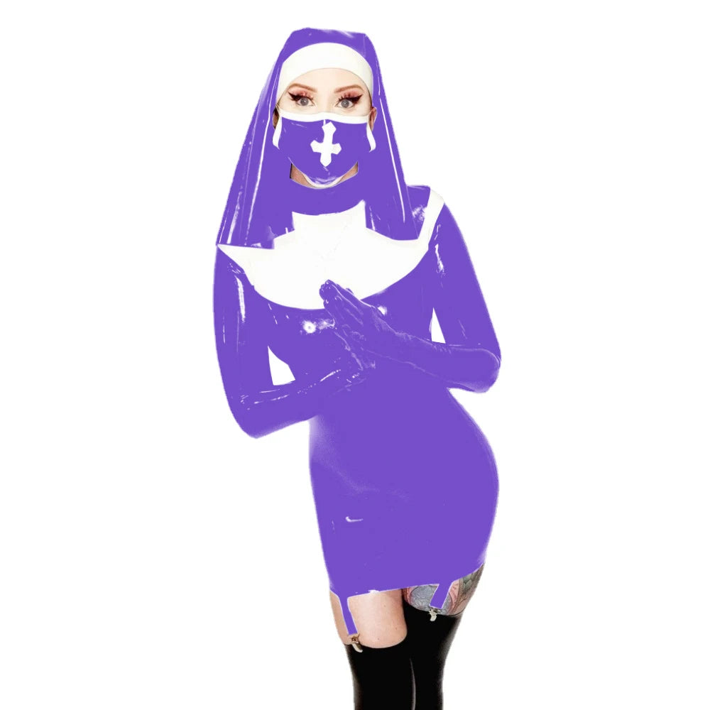 Sexy Nun Cosplay Long Sleeve Bodycon Mini Garter Dress Vinyl PVC Leather High Neck Nun Dress Outfit Halloween Nun Uniform Suit