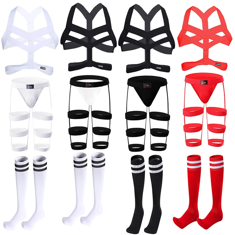 CLEVER-MENMOD Men Sexy Porn Halterneck Chest Briefs Stockings Set Jockstrap BDSM Harness Lingerie Exotic Sissy 18+ Adult Costume
